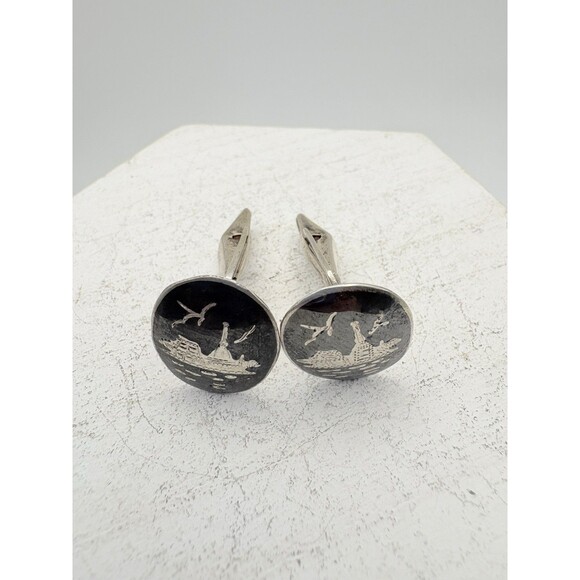 Rare Vintage Siam Sterling Silver Cufflinks Temple Seagulls Mosaic Aesthetic - Picture 3 of 6